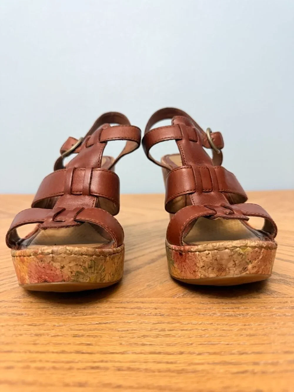 Born Brown Leather Sandals Multicolor Floral Cork 4.25 Inch Wedge Heels